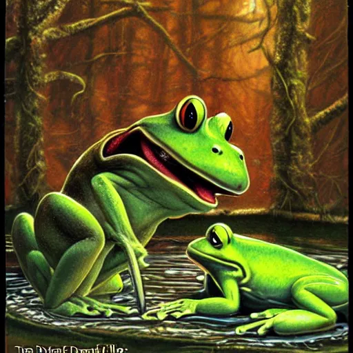 Prompt: mischievous forest spirit darts through the air over a frog pond at night. magic swirls in the air. the spirit grins with glee. by kevin walker, by greg staples, by daarken, by terese nielsen,