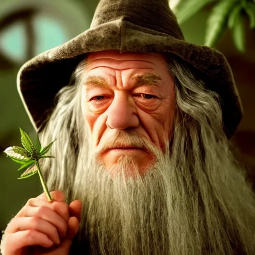 Prompt: Ian McKellen as gandalf holding a marijuana plant, photorealistic, detailed face, cinematic