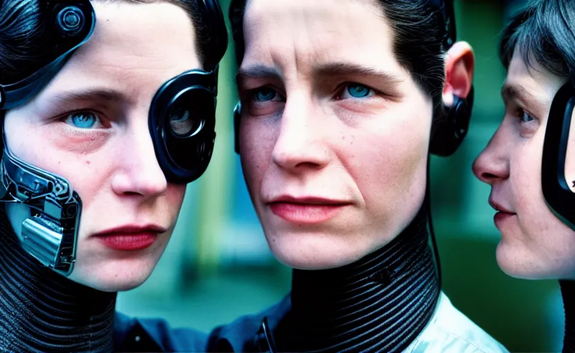 Prompt: cinestill 5 0 d photographic portrait by helen levitt of two loving female cyborgs wearing black techwear in a retrofuturist liminal office, extreme closeup, modern cyberpunk, garden terraces, 8 k, hd, high resolution, 3 5 mm, f / 3 2, ultra realistic faces, intricate detail, ex machina