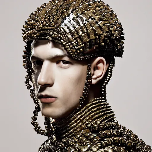 Prompt: a portrait of a beautiful young male wearing an alexander mcqueen armor made of beads , photographed by andrew thomas huang, artistic