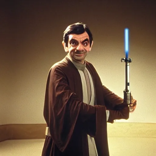 Image similar to Still of Mr. Bean as jedi master Obiwan kenobi!!!!. in Star Wars (1977). detailed eyes. medium shot, technicolor. light saber