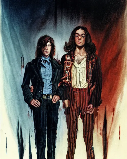 Prompt: two handsome but sinister young men in layers of fear, with haunted eyes and wild hair, 1 9 7 0 s, seventies, wallpaper, a little blood, moonlight showing injuries, delicate embellishments, painterly, offset printing technique, by john howe, brom, robert henri, walter popp