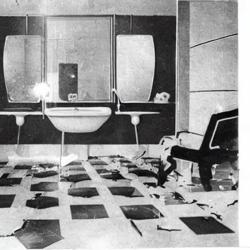 Image similar to a 1 9 5 0 s newspaper clipping with a photo showing a luxurious bathroom with a smashed mirror shattered on the floor
