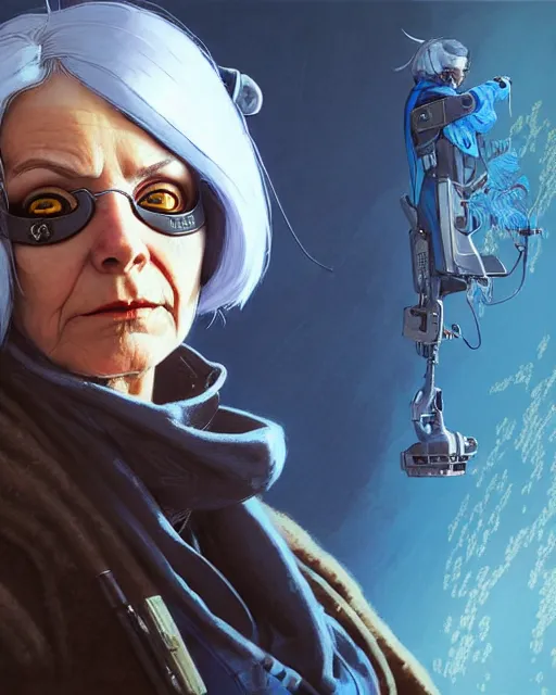 Prompt: ana from overwatch, eye patch, white hair, hooded blue cloak, older woman, character portrait, portrait, close up, concept art, intricate details, highly detailed, vintage sci - fi poster, in the style of chris foss, rodger dean, moebius, michael whelan, and gustave dore