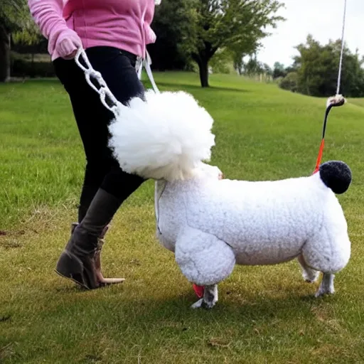 Prompt: a person wearing a sheep costume walking bichon frise on leash