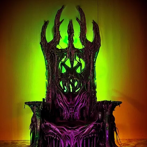 Image similar to a giger nightmare throne, dark neon colors shade glow backlit, evil throne of power, photo pic by realistic horror