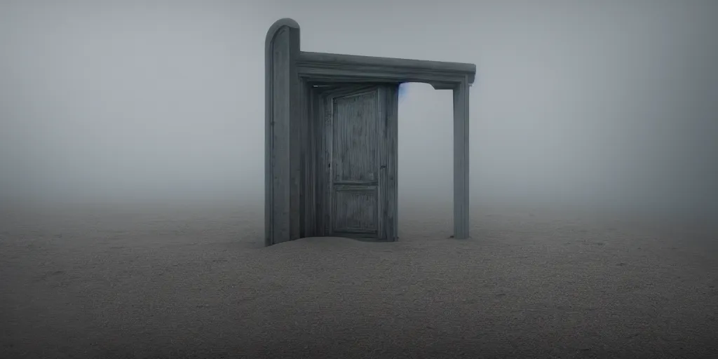 Image similar to A door on an empty foggy beach by Finnian MacManus, photography, 4k