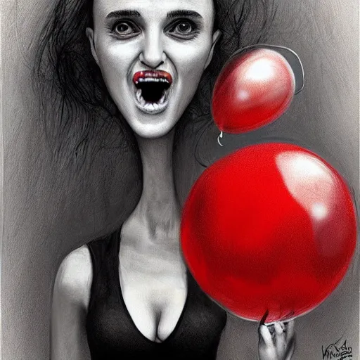 Image similar to surrealism grunge cartoon portrait sketch of natalie portman with a wide smile and a red balloon by - michael karcz, loony toons style, horror theme, detailed, elegant, intricate