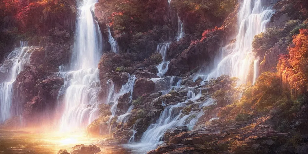 Image similar to beautiful waterfall between lush mountains in the sunset casting rays of light, highly detailed, sharp focus, artgerm, cgsociety, desaturated