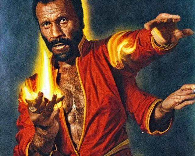 Image similar to fred williamson as a fire mage casting a fireball spell, fantasy artwork, extremely detailed, high quality, award - winning,