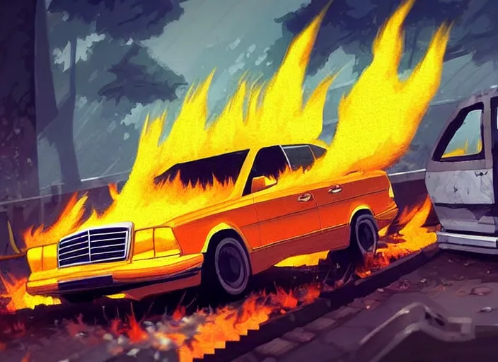 Image similar to burning wrecked mercedes 1 2 4, pixelart by kirokaze, award winning. dramatic. trending on artstation. very low quality, low resolution sync by honeybunny