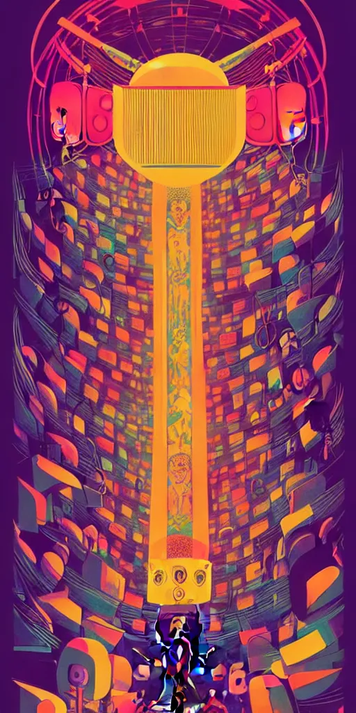 Prompt: giant concert festival speakers, wall of sound, music studio, poster art by victo ngai, ori toor, kilian eng behance contest winner, crystal cubism, poster art, cubism, tarot card, psychedelic art, concert poster, poster art, maximalist