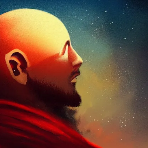 Prompt: a painting of a man looking up at the sky, missing top half of head, orb floating where a brain should be, a digital painting by anato finnstark, trending on deviantart, metaphysical painting, digital painting, speedpainting, digital illustration