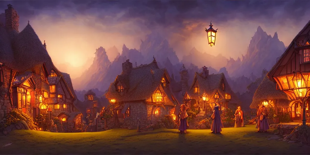 Prompt: a fantasy village landscape, twilight, lamps, lit windows, digital illustration by michael whelan and leyendecker and artgerm, intricate details, surreal, photorealistic, award winning