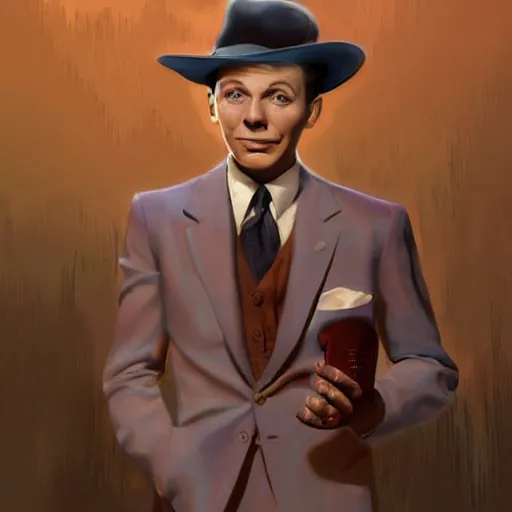 Image similar to perfect composition, subdued color palette, award-winning concept art, detailed digital painting, airbrushed, low contrast: costume design for young Frank Sinatra as a poor 1950s bartender. Volumetric cinematic lighting, great attention to perfect anatomy, special attention to posing, great attention to realistic facial expression, faithful cinematic color scheme, perfectly coherent. In the style of: Greg Rutkowski, Francis Bacon, Syd Mead, Norman Rockwell, Beksinski, Edward Hopper, James Gilleard, Ilya Kuyshinov, WLOP, Stanley Artgerm, Takato Yamamoto, and James Jean.