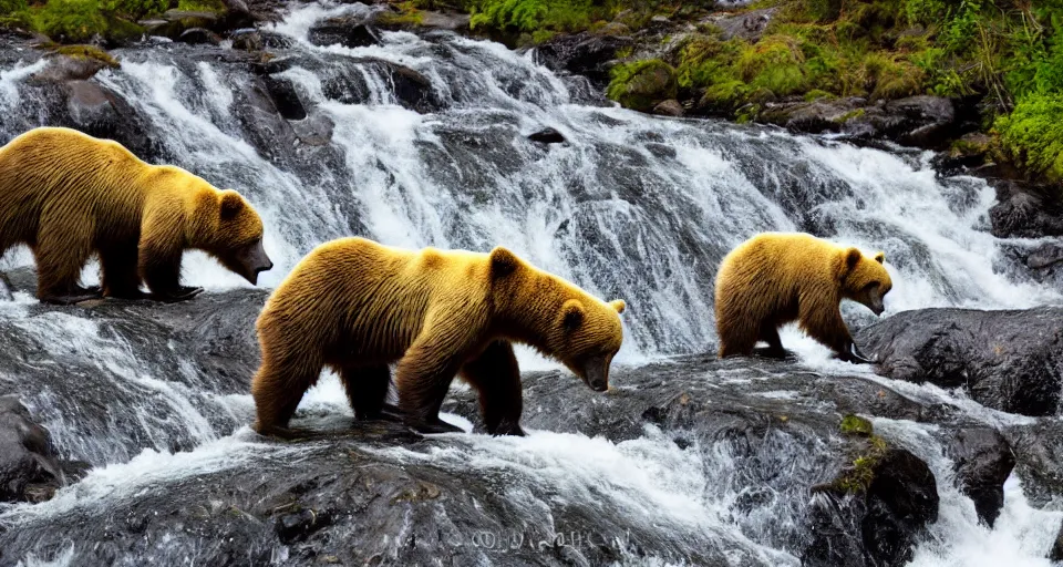 Image similar to dozens!!! of bears!!! catching salmon on a small waterfall in alaska, detailed, wide angle, 4 k