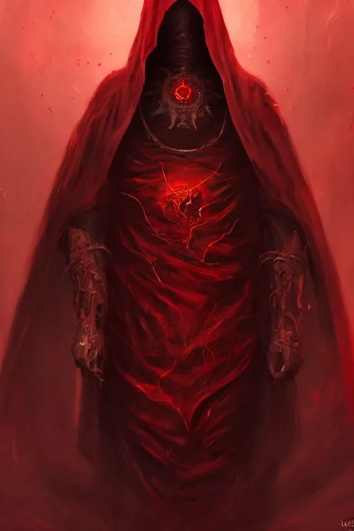 Prompt: A full body portrait of a mysterious character with no face with a very long hooded crimson red cloak, a golden crown floating above his head tentacles coming out the ground art by James Paick, and Shaddy Safadi, ominous, cosmic horror, trending on artstation, Ultra detailed, hyper realistic 4k