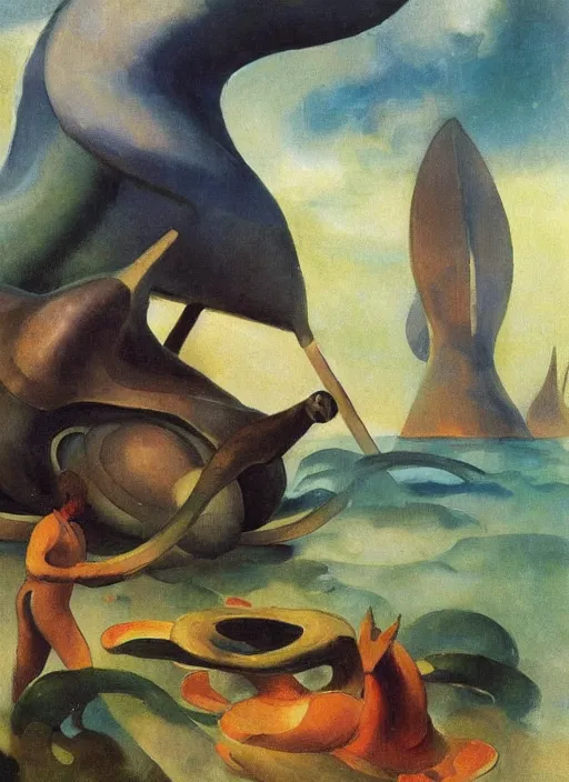 Image similar to photo of a giant snail man guardian of the holy lake, bizarre, fantasy landscape, art by andreas achenbach, august macke, alice bailly, alison geissler