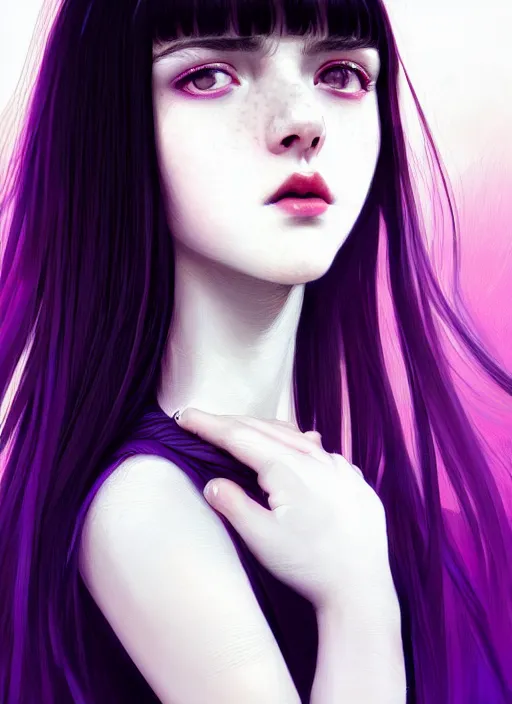 Image similar to portrait of teenage girl, red irises, bangs, black and white hair, white bangs, purple clothes, white bangs, bangs, black hair and white bangs, intricate, elegant, glowing lights, highly detailed, digital painting, artstation, concept art, smooth, sharp focus, illustration, art by wlop, mars ravelo and greg rutkowski