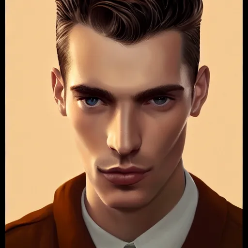 Image similar to tall man in his twenties with brown blond short quiff hair and thin slightly round facial structure with cleft chin, straight eyebrows and prominent nose, good definition of cheekbones, big hazel nut brown eyes, narrow face, slim body, atmospheric lighting, painted, intricate, 4 k, highly detailed by charlie bowater