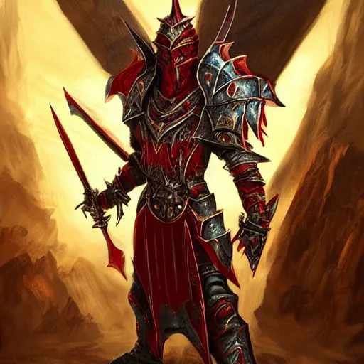 Prompt: blood paladin, fantasy art, located in a castle, legendary spiky armor, red sunlight through the window, decorated, high quality, highly detailed,