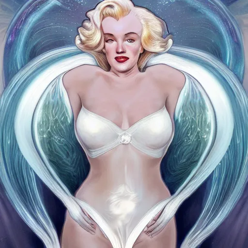 Image similar to a photograpic portrait of a Marilyn Monroe bioluminescent water wave wearing white clothes, fantasy, intricate, elegant, highly detailed, digital painting, artstation, concept art, smooth, sharp focus, illustration, art by artgerm and H R Giger and alphonse mucha