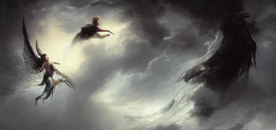 Image similar to 8 k art photography shot art shot, hyperrealistic, hyperdetailed, super detailed, uhd, uhd, 8 k, high resolution, a fallen angel in black fluid simulation, painting by ross tran and ivan aivazovsky, black water