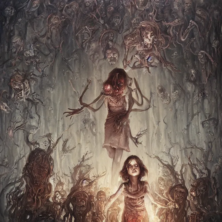 Prompt: a painting of a girl surrounded by zombies, an oil painting by seb mckinnon, featured on deviantart, gothic art, cosmic horror, flickering light, nightmare