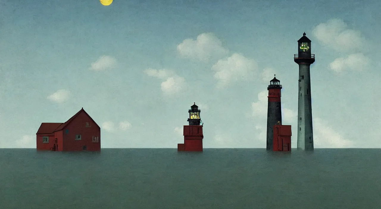 Image similar to single flooded! simple wooden ancient lighthouse, very coherent and colorful high contrast!! masterpiece by rene magritte simon stalenhag carl spitzweg syd mead norman rockwell edward hopper james gilleard, minimalist, dark shadows, sunny day, hard lighting