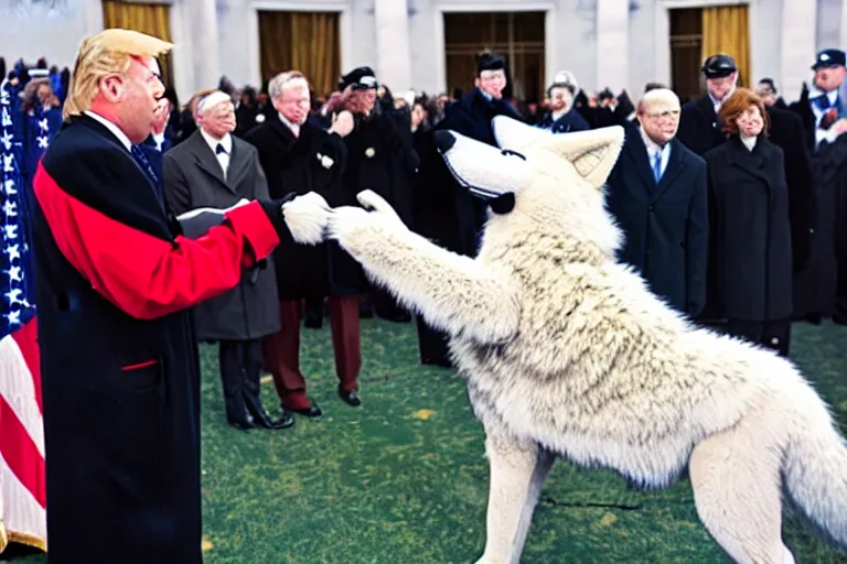 Image similar to photo of the usa presidential inauguration, a wolf fursuiter being inaugurated as president