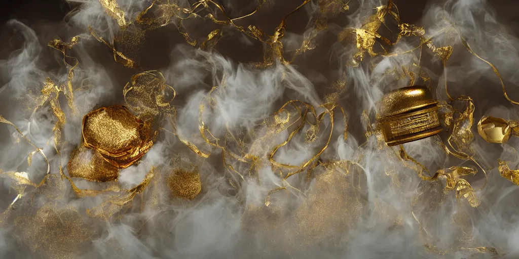 Prompt: gold jewellery encased in fractured ice, studio lighting, area light from above, colored silk sheets flowing in wind, smoke and dust