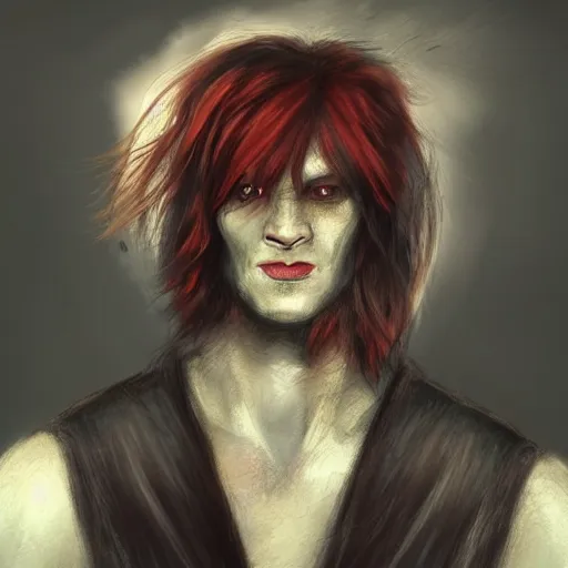 Image similar to A man with red hair parted in the middle in a surfer's cut, straight hair down to the ear. His left eye has three diagonal wounds, but the eye is open. He wears a black cloak with a collar. painted fantasy character portrait, head shot, concept art, sharp focus, highly detailed, illustration, trending on artstation, art by greg rutkowski