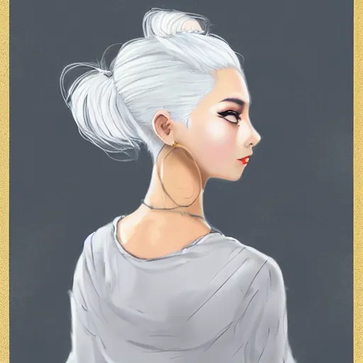 Prompt: a girl with white hair in a hairbun, by qinniart