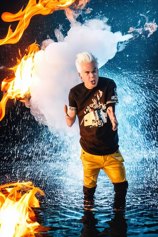 Image similar to scooter rapper baxxter with white hair standing in water shouting in the microphone with explosion and flames in background, full body, white shirt, black pants, reflection in water, volumetric lighting, golden ratio