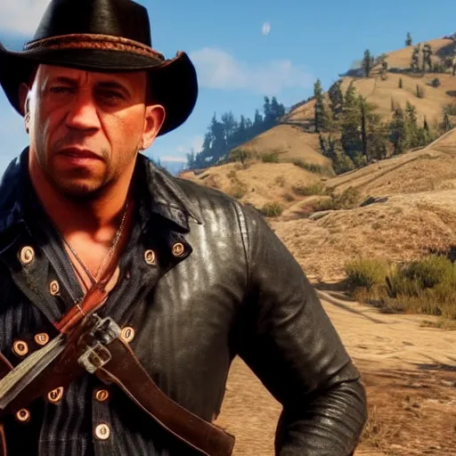 Image similar to a screenshot of vin diesel in red dead redemption 2 as arthur morgan