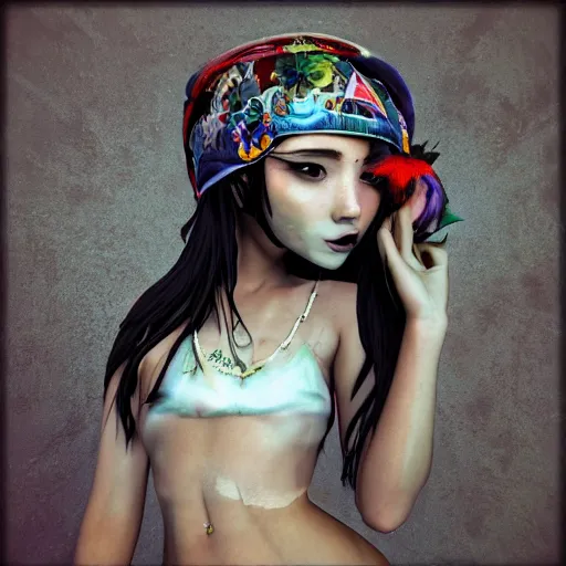 Image similar to kawaii puerto rican goddess chilling out at the skatepark wearing a bespoke headdress designed by emma yeo, inspired by cameron gray, wlop, stanley kubrick, masamune, hideki anno, jamie hewlett, unique perspective, trending on artstation, 3 d render, vivid