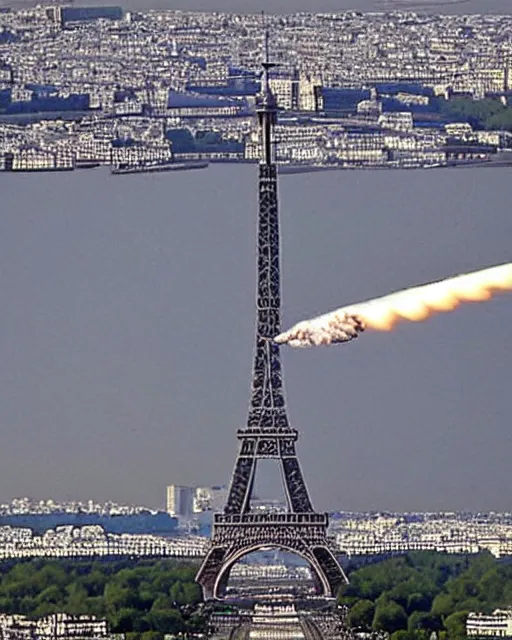 Image similar to tv report on two planes crash on the eiffel tower in paris. the planes are exploding on the eiffel tower with plenty of smokes