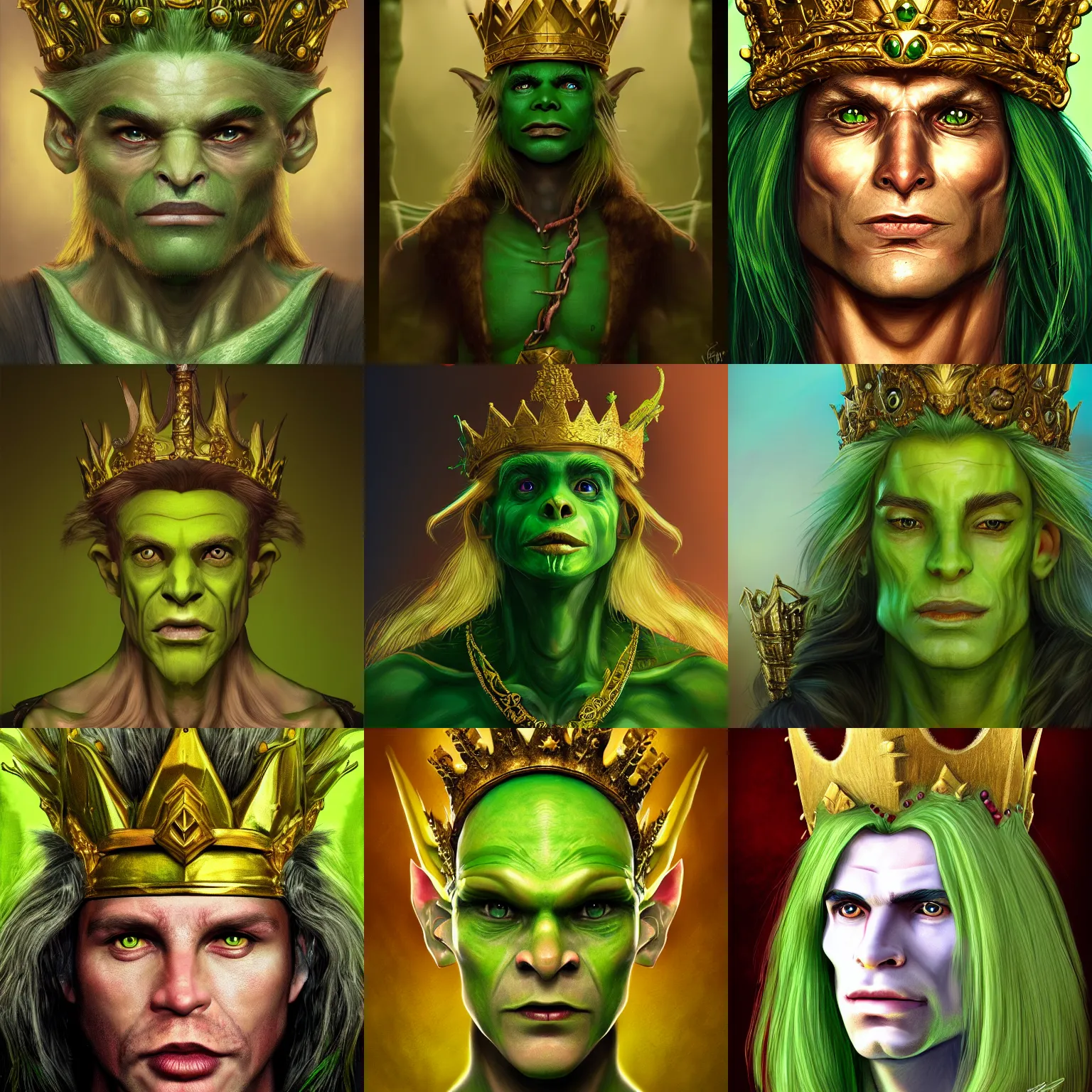 Prompt: portrait of the goblin king. green skin, gold crown. fantasy, digital painting, hd, detailed.