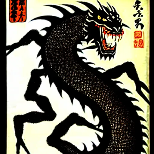 Image similar to biomechanical ukiyo - e lithograph of black dragon by utagawa kuniyoshi, very detailed, hyperrealistic