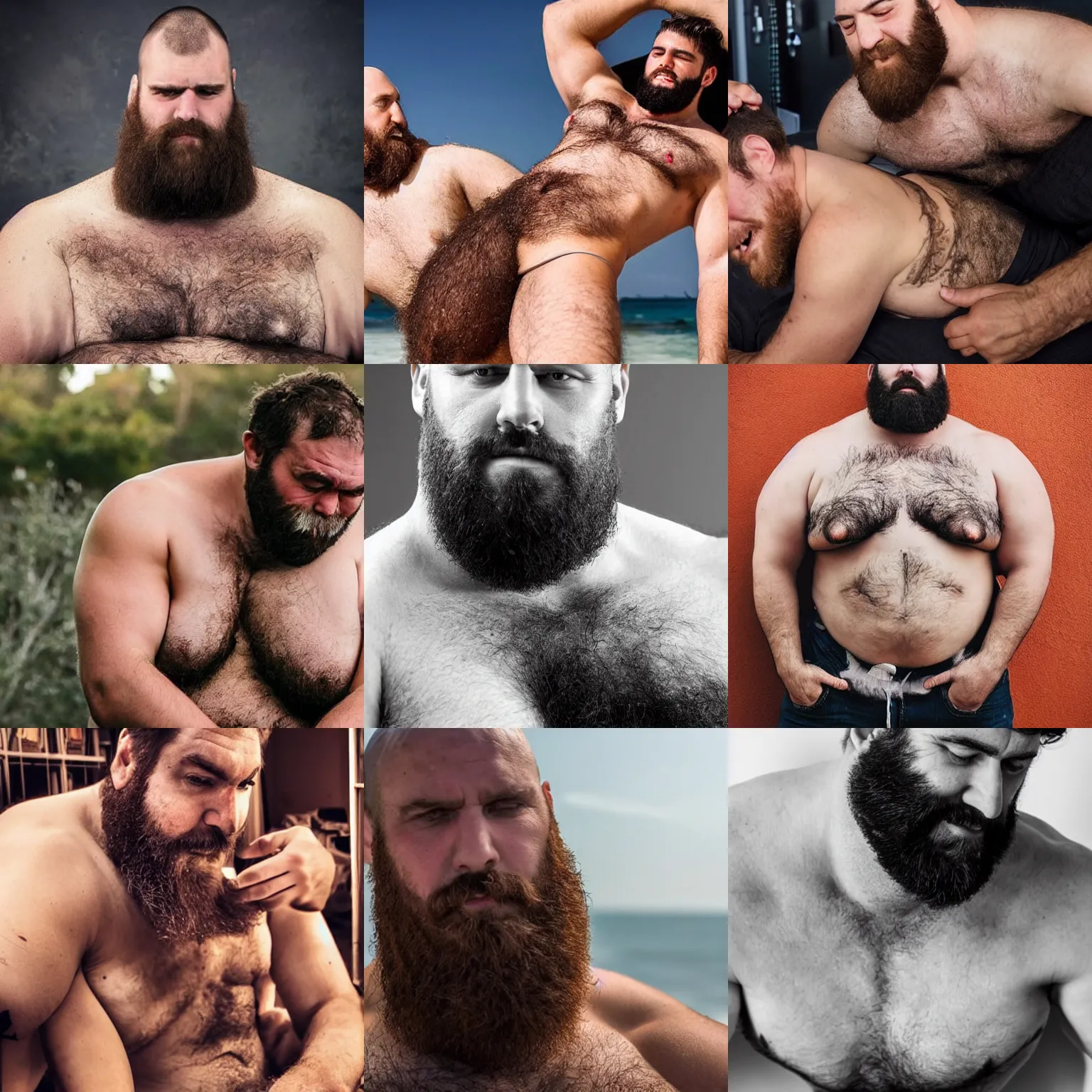 Prompt: gentle giant man with a strongman build and body hair being playful and careful around small men, realistic, wholesome, detailed, epic, sharp, photography