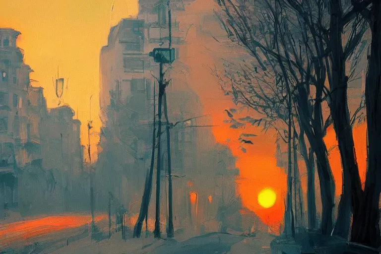 Prompt: bucharest streets sunset by anato finnstark