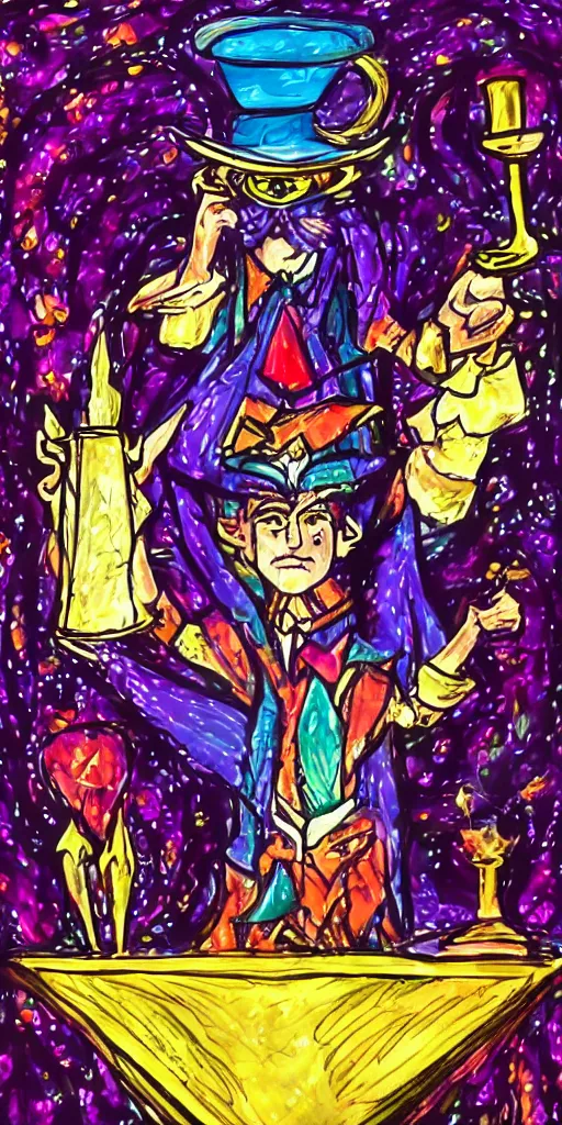 Image similar to a mystical man with a goblet on the table, wizard hat, psychedelic, Sailor Moon style,