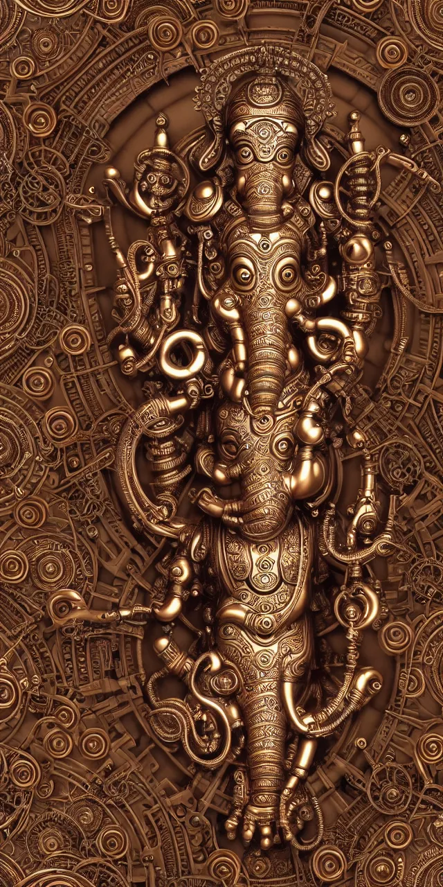 Image similar to seamless pattern of steampunk cybernetic biomechanical hindu god ganesha, symmetric, 3 d model, very coherent symmetrical artwork, unreal engine realistic render, 8 k, micro detail, intricate, elegant, highly detailed, centered, digital painting, artstation, smooth, sharp focus, illustration, artgerm, tomasz alen kopera, wlop