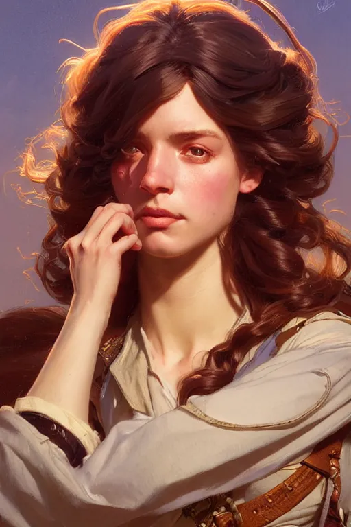 Prompt: sargent and leyendecker and greg hildebrandt highly detailed portrait of a woman with long hair, swashbuckler, stephen bliss, unreal engine, by greg rutkowski, loish, ferdinand knab, ilya kuvshinov, rossdraws, tom bagshaw, alphonse mucha, global illumination, radiant light, detailed and intricate environment