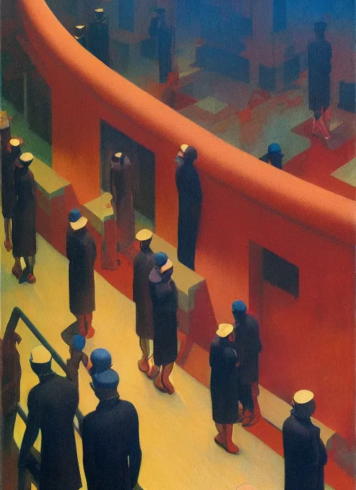 Prompt: crowd in line at art deco hospital painting by Edward Hopper and James Gilleard, Zdzislaw Beksinski highly detailed