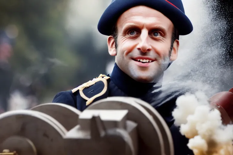 Prompt: closeup portrait of emmanuel macron dressed as napoleon firing a cannon in a street, natural light, sharp, detailed face, magazine, press, photo, steve mccurry, david lazar, canon, nikon, focus