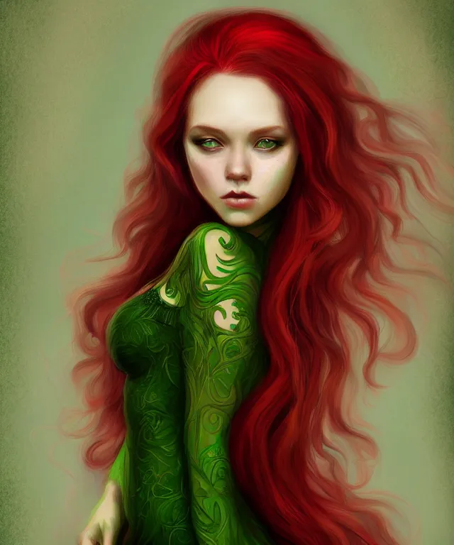 Prompt: Fae teenage girl, portrait, face, long red hair, green highlights, fantasy, intricate, elegant, highly detailed, digital painting, concept art