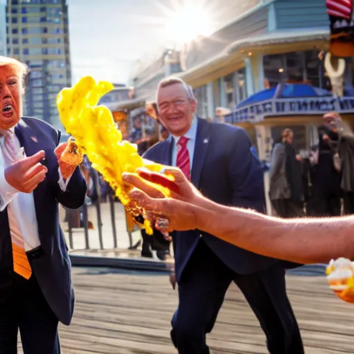 Prompt: donald trump throwing pudding onto passerby, golden hour, boardwalk