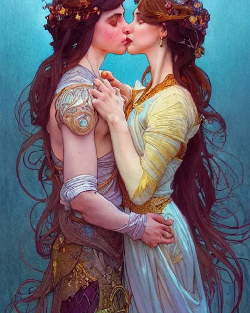 Image similar to the kiss | highly detailed | very intricate | art nouveau | gold filigree | romantic storybook fantasy | soft cinematic lighting | award - winning | disney watercolor illustration by mandy jurgens and alphonse mucha and alena aenami | pastel color palette | featured on artstation