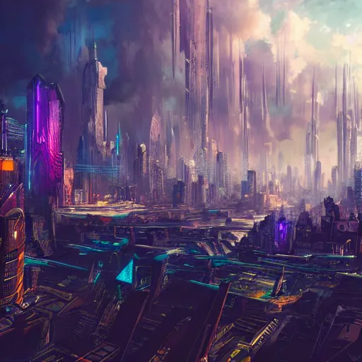 Prompt: fantasy cat looking down on huge cyberpunk style city, high detail, fantasy art, concept art, 4 k, ultra detail, computer art